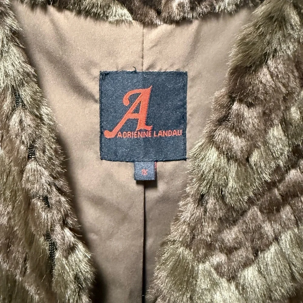 Adrienne Landau Faux Fur Jacket Brown Chevron Quarter Sleeve Size 1X